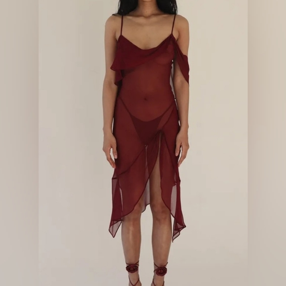 Red Sheer Mesh Ruffle Dress - Picture 2 of 4